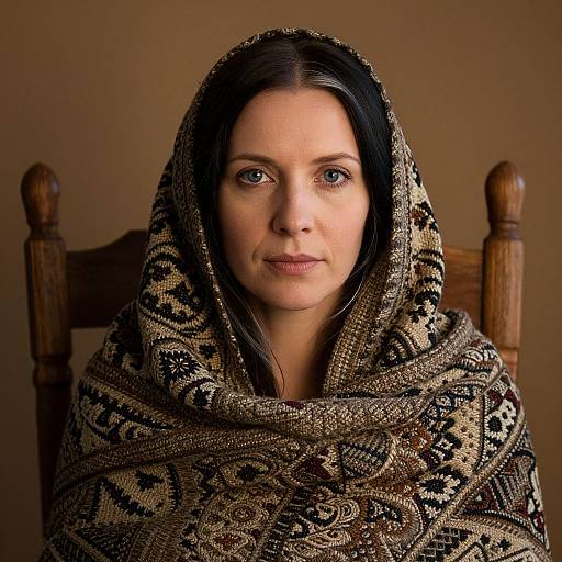 Photograph of a woman with fair skin and blue eyes, wrapped in a brown and black patterned shawl, seated on a wooden chair against a