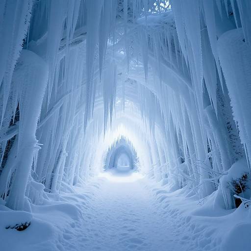Photograph of a glowing, icy cave entrance with thick, hanging icicles and snow-covered ground, creating a mesmerizing, blue-lit, frozen