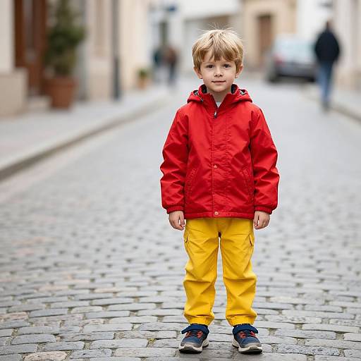 Boy in Red Jacket on Cobblestone Street