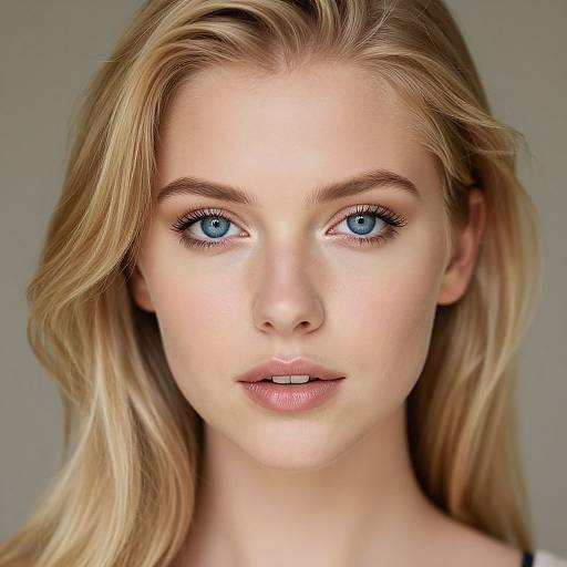 Photograph of a young Caucasian woman with fair skin, blue eyes, and blonde hair, looking directly at the camera with a neutral expression.