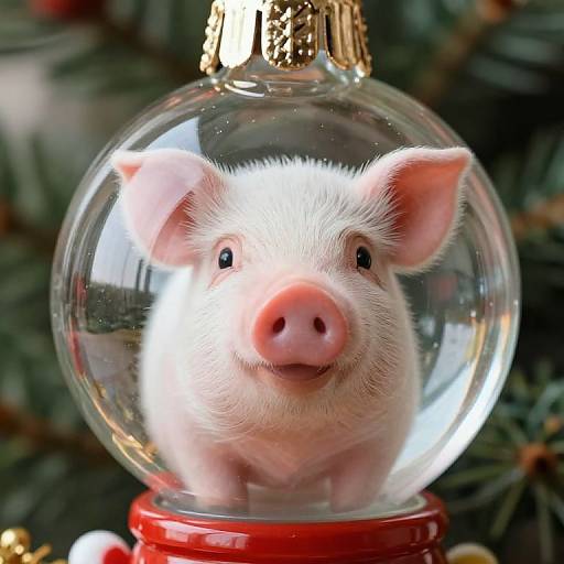 Photograph of a pink pig figurine with white fur inside a clear glass snow globe, mounted on a red base, against a blurred Christmas tree background