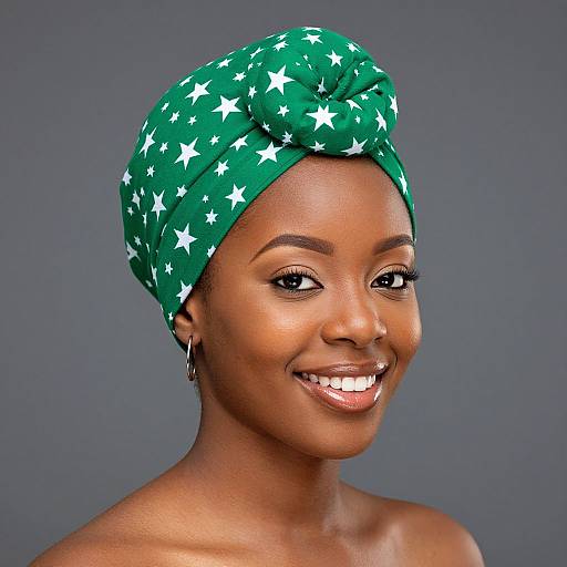 Photograph of a smiling Black woman with dark skin, wearing a green headscarf with white stars, against a gray background.