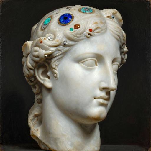 Photograph of a white marble bust with intricate curls, adorned with colorful gemstones (blue, green, red, and orange) on the head,