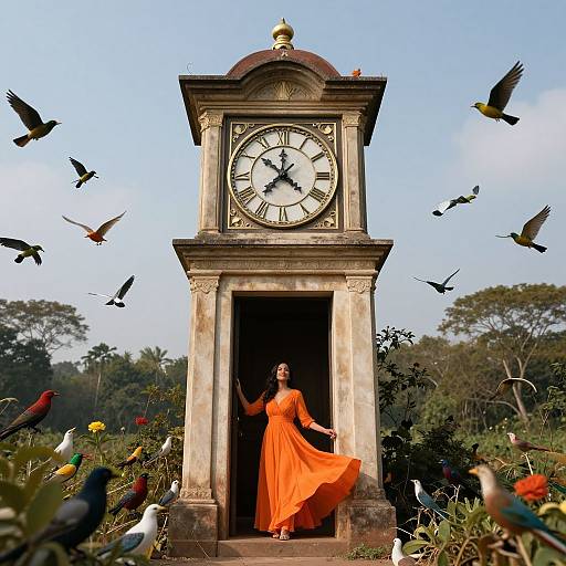 Photograph of a woman in an orange dress standing in a clock tower doorway, surrounded by flying birds, with a lush garden background and clear blue sky