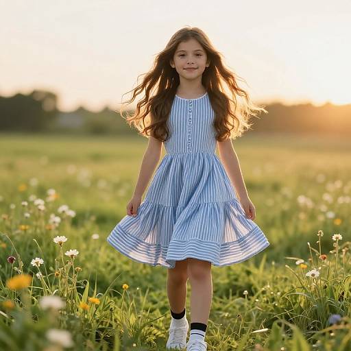 Photograph of a young girl with long brown hair, wearing a blue and white striped dress, white socks, and sneakers, standing in a sunlit