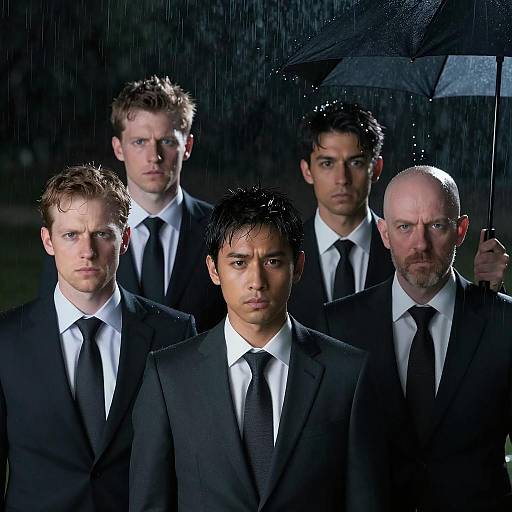 Serious men in suits standing in rain with umbrella