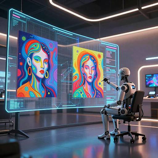 Photorealistic CGI: Humanoid robot artist seated, painting vibrant, digital pop art portraits of colorful woman on glowing, holographic screens in futuristic studio
