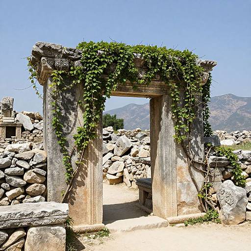 Photograph of ancient stone archway with green vines, surrounded by rubble, under clear blue sky, with mountains in background.