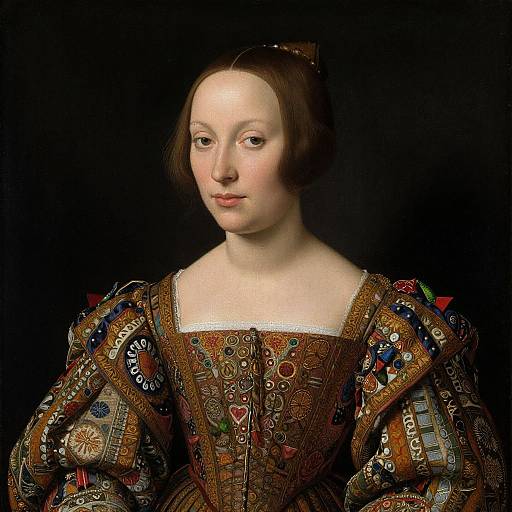 Renaissance-style portrait of a fair-skinned woman with brown hair, wearing an intricately embroidered, patterned dress, set against a black background