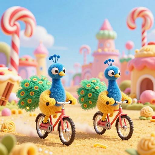 Whimsical Peacocks on Pasta Bicycles