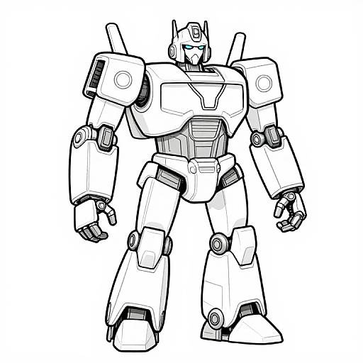 Black and white line drawing of a large, detailed, humanoid robot with blocky limbs, intricate joints, and a helmeted head.