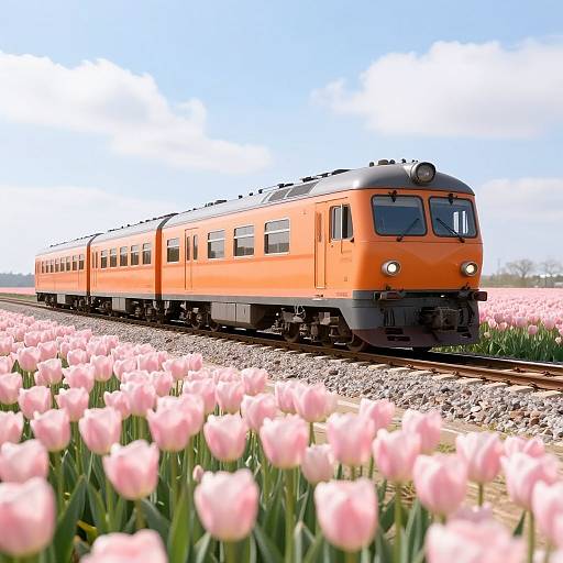 Photograph of an orange train traveling through a field of blooming pink tulips on a sunny day with a clear blue sky.