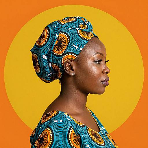 Photograph of a dark-skinned woman in profile, wearing vibrant blue and orange patterned dress and headwrap, against a yellow-orange circular background.