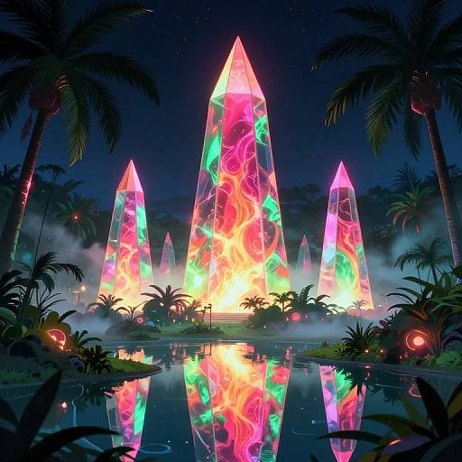 Glowing neon crystal spires reflect in a tranquil jungle pond at night, surrounded by mist and palm trees. Digital art.
