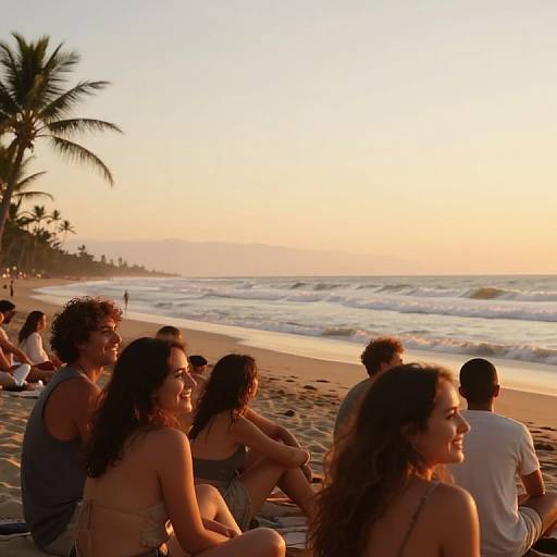 Photograph of a sunset beach scene with diverse group of young adults sitting on sand, palm trees, ocean waves, and warm golden light.