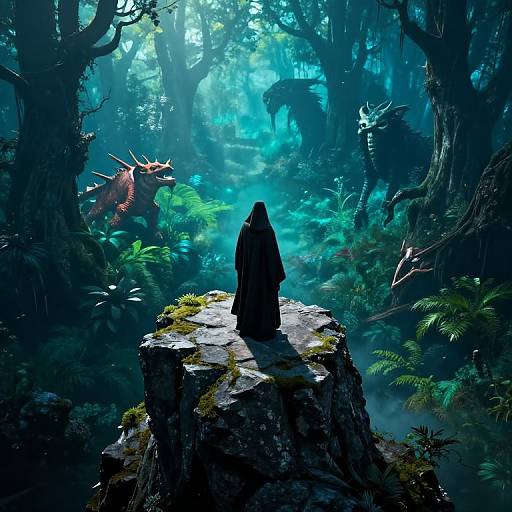 Mysterious cloaked figure on mossy rock in dark, enchanting forest, illuminated by blue light, with a dragon in the background. Digital art