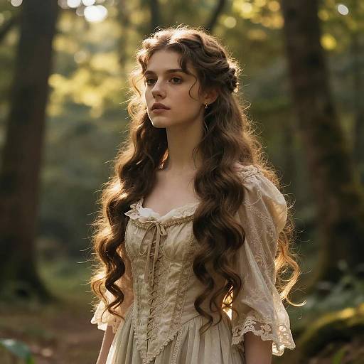 Photograph of a young woman with long, wavy brown hair in a vintage, cream-colored lace dress, standing in a sunlit forest.