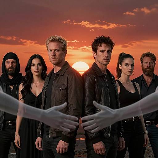 Group of six people at sunset with ghostly arms