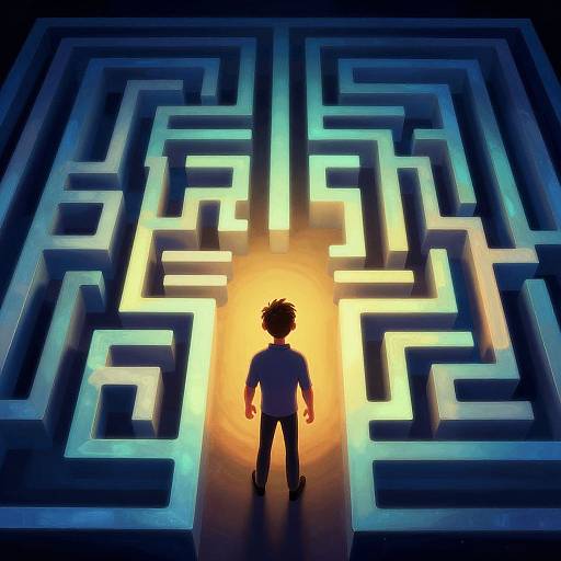 Digital illustration of a silhouetted child facing a glowing yellow center of a blue and teal illuminated maze.