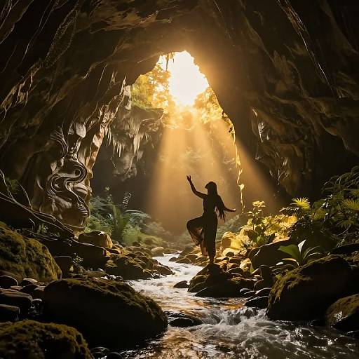 Silhouetted woman dancing under golden sunlight in a rocky cave with a flowing stream, surrounded by lush greenery and hanging stalactites. Phot