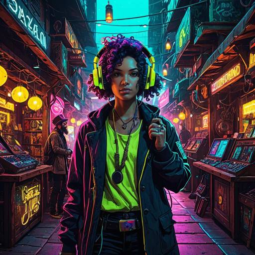 Cyberpunk Street Magician with Neon Headphones