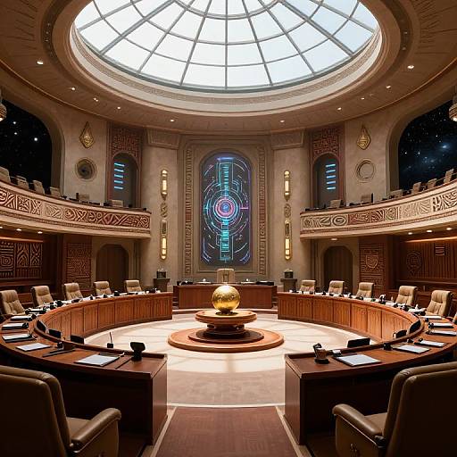 Photograph of a grand, circular conference room with ornate, illuminated ceiling, dark wooden desks, leather chairs, globe centerpiece, and intricate wall decor