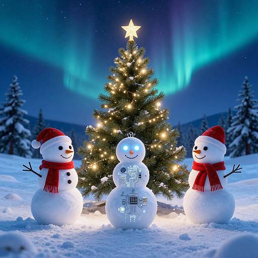 Photograph of three snowmen in red hats and scarves, with one glowing blue face, around a lit Christmas tree under a Northern Lights sky.