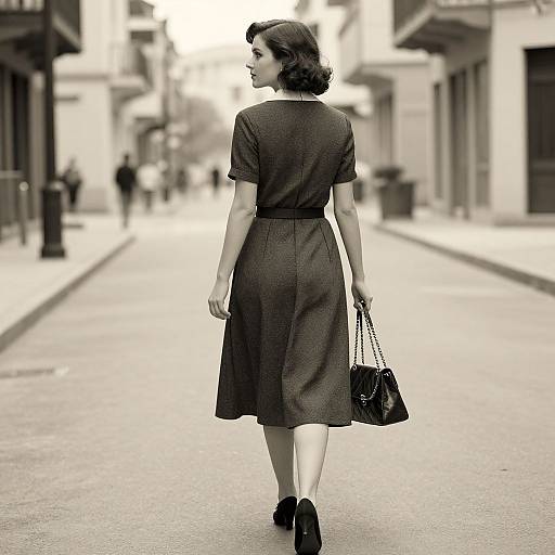 Black-and-white photograph of a 1950s-style woman walking down a street, wearing a knee-length dress, holding a handbag, with blurred