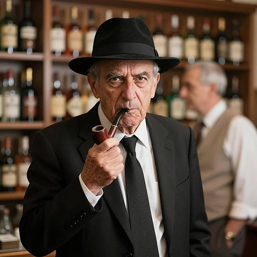 Elderly Man Smoking Pipe in Black Suit