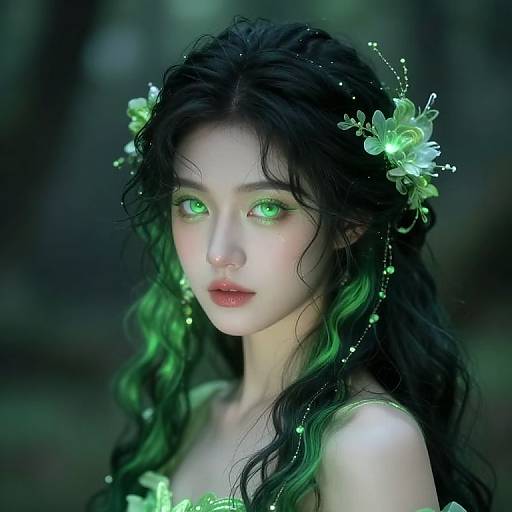 Digital fantasy portrait of a fair-skinned, green-eyed woman with long, wavy black hair adorned with glowing green flowers, set in a dark,