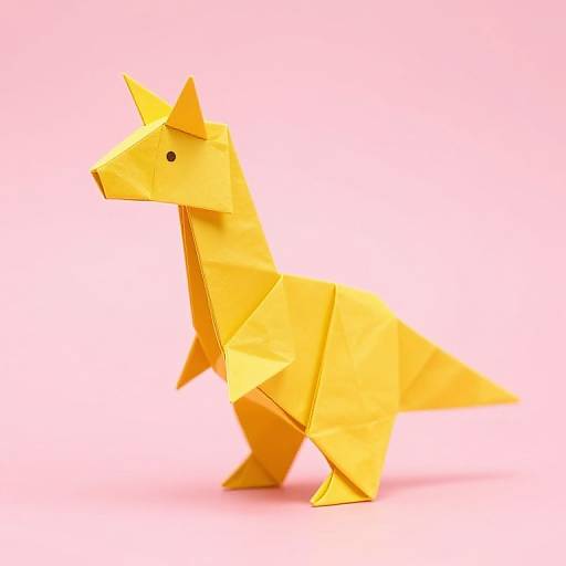 Bright yellow origami fox with pointed ears and small black dot eyes, standing on a pink background, showcasing crisp folds.