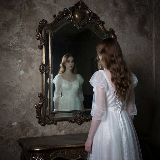 Photograph of a young woman with long brown hair, wearing a white, sheer, Victorian-style dress, standing before an ornate, gold-framed
