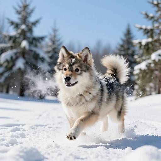 Photograph of a playful, fluffy Siberian Husky with striking blue eyes, running joyfully through a snowy forest, surrounded by snow-covered pine trees