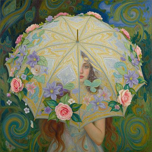 Digital painting of a woman with long red hair, holding a yellow floral umbrella, surrounded by swirling green and blue patterns.