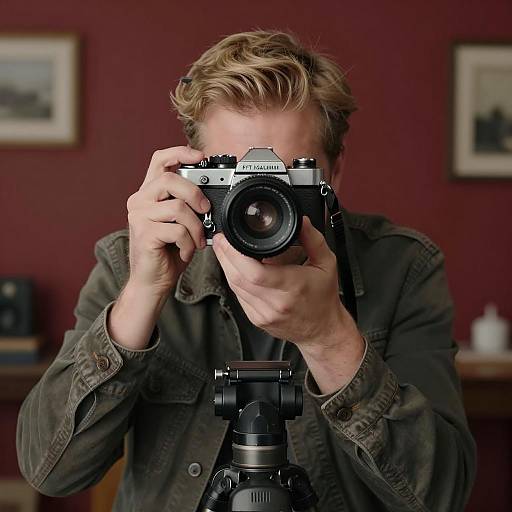 Man Holding Vintage Camera on Tripod