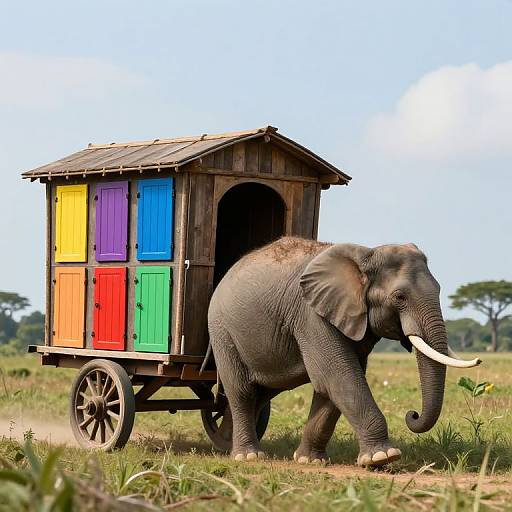 Photograph of a large African elephant pulling a colorful, wooden, wagon-like hut with multicolored doors in a grassy savanna.
