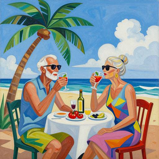 Vibrant digital painting of elderly couple with white hair, sunglasses, tropical beach, palm tree, and round table with drinks and food.