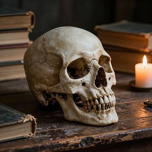 Photograph of a cracked, aged skull on a wooden table with stacked books, a lit candle, and worn, dark backgrounds.