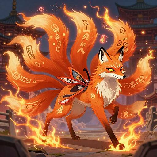 Digital illustration of a vibrant, orange fox with nine fiery tails, adorned with glowing Japanese characters, walking through an illuminated, traditional Asian temple setting at night