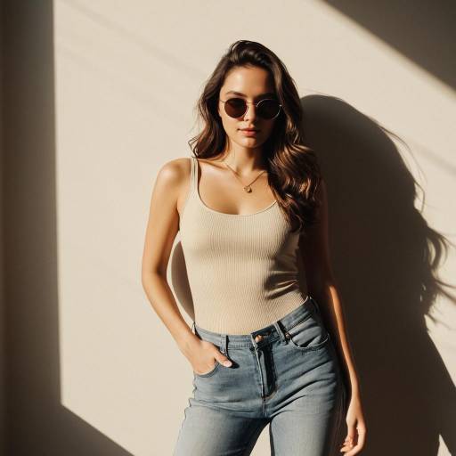 Young Woman in Beige Bodysuit and Denim Jeans