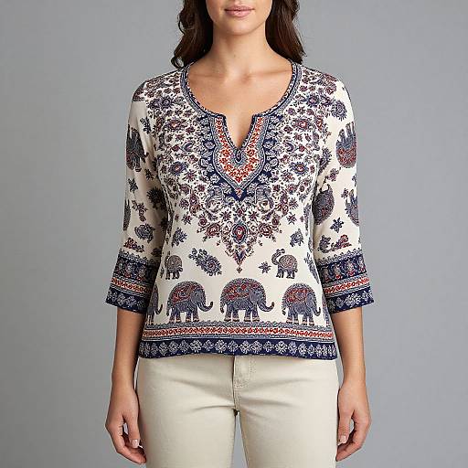 Photograph of a woman in a white, embroidered long-sleeve top with blue and orange patterns, wearing white pants, against a plain gray background