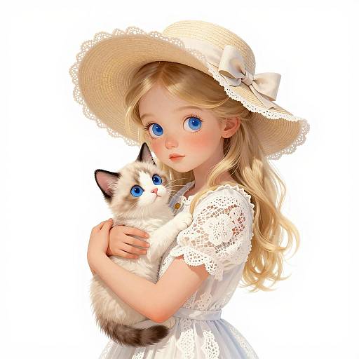 Young Girl Hugging Kitten in White Lace Dress