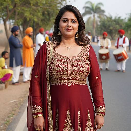 Photograph of a middle-aged Indian woman with dark hair, wearing a maroon traditional kameez with gold embroidery, standing on a street with cultural