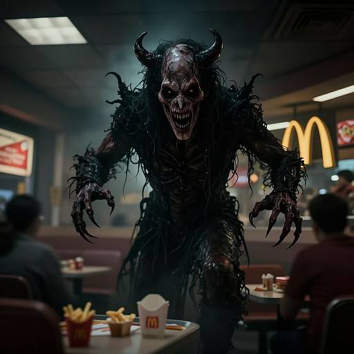 CGI horror image of a dark, demonic creature with black, tangled hair, horns, and a grotesque, gaping mouth standing in a dimly