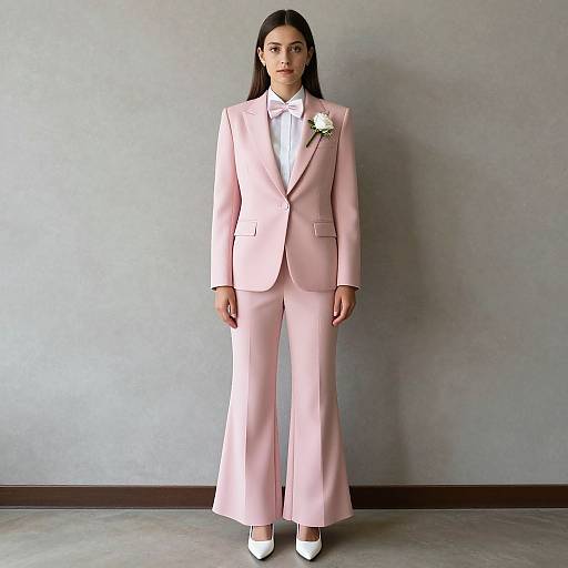 Photograph of a woman with long black hair in a pink suit, white shirt, white bow tie, white flower boutonniere, and white