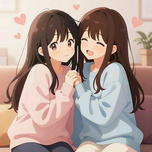 Anime-style digital illustration of two cute, long-haired girls in cozy sweaters, sitting on a couch, holding hands, smiling, with pink hearts around