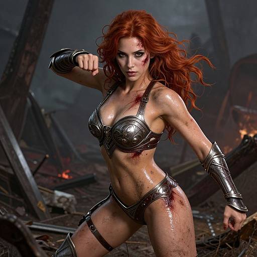 Digital artwork of a fierce, red-haired warrior woman with bloodied skin, wearing metallic armor, striking a powerful pose in a burning, ruined landscape.