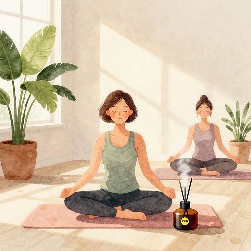 Watercolor illustration of two women meditating in a sunlit room with potted plants; one woman sits in front, another in the background, both