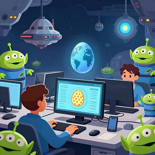 Cartoon Easter Egg Hunt in Spaceship