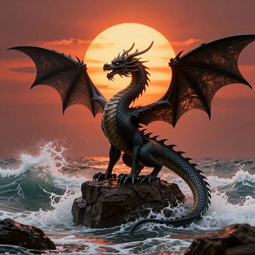 Photorealistic digital art of a majestic black dragon with wings spread, standing on a rocky cliff at sunset, with waves crashing below and a glowing orange
